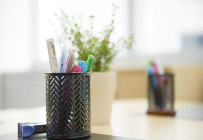 Close-up of office stationery and a small potted plant on a desk.