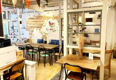 Small wooden meeting table in a bright area with views of the common workspace.