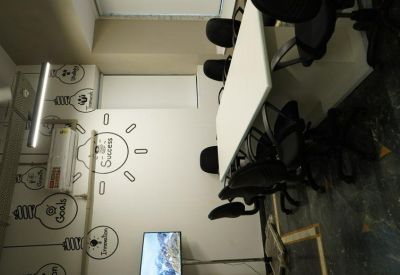 Meeting area with motivational 'Success' wall graphics and a wall-mounted TV.
