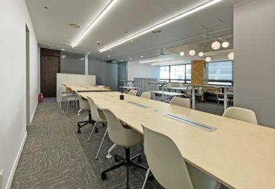 Sunlit communal long table workspace with minimalist white chairs and linear lighting.