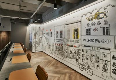 Long workstation desk against a wall featuring an intricate black and white street scene mural.