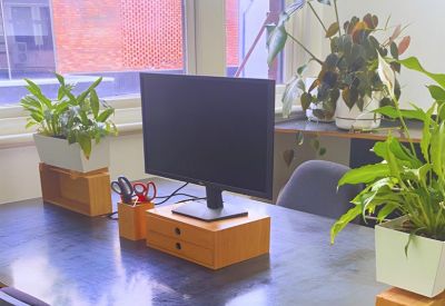 Close-up of a collaborative wooden desk with plants and monitors.