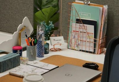 Personalized workstation with a laptop, notebooks, and a potted plant behind a privacy screen.