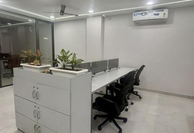 Modern workstations featuring privacy screens, black ergonomic chairs, and indoor plants.