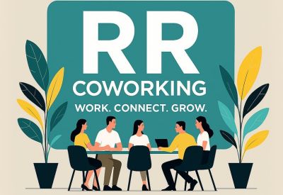Illustrated logo for RR Coworking featuring diverse people working at a table with plants.