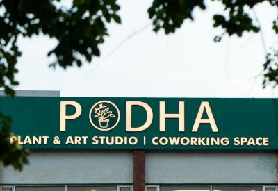 Exterior signage for Podha Plant & Art Studio and Coworking Space at SCO 366 Second Floor Sector 8.