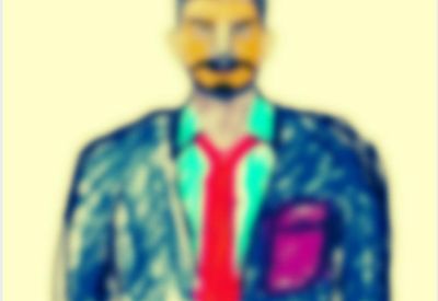 Stylized artistic portrait of a man in a suit and red tie, blurry digital painting style.