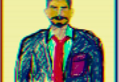 Pixelated artistic illustration of a man wearing a blue jacket and red tie.