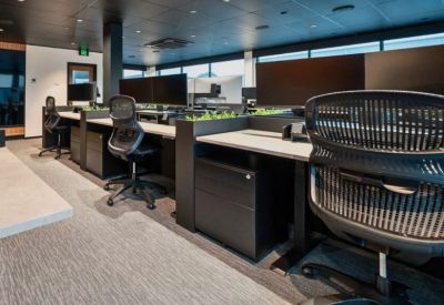 Close-up of mesh office chairs and black mobile pedestal drawers in a professional workspace.