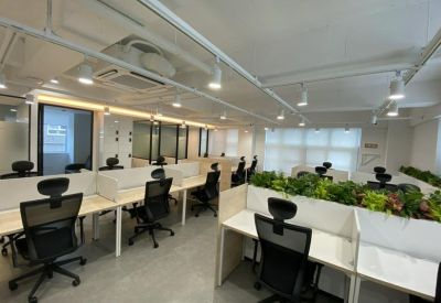 Modern coworking space featuring rows of white desks and lush green partition plants.