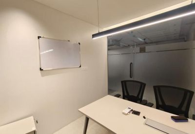 Modern meeting room featuring a white board and glass walls.