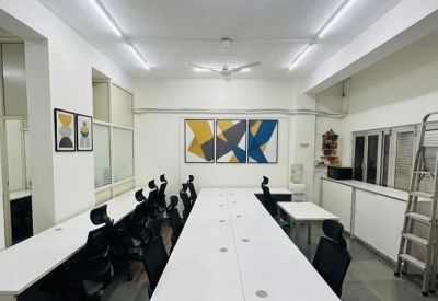 Modern office area with long rows of white desks and abstract geometric wall art.