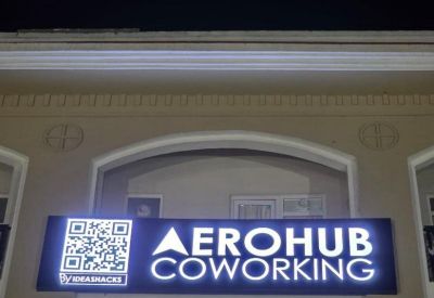 Exterior entrance sign for Aerohub Coworking at SOHO, 29-F, 2nd Floor, Nabha, Zirakpur.