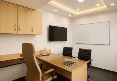 Private office suite featuring a wood-topped desk, leather executive chair, and wall-mounted whiteboard.