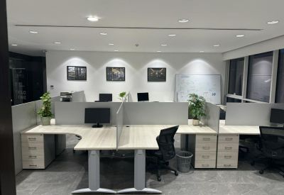 Bright open-plan workspace featuring multiple white desks with privacy dividers and potted plants.