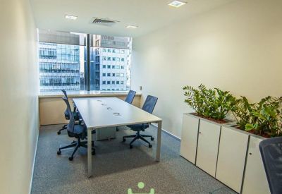 Small meeting room with a white table, blue chairs, and indoor green plants.