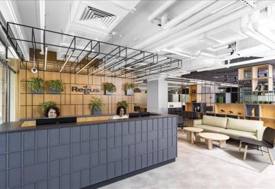 Branded reception area with a dark textured desk, wooden wall, and indoor plants.