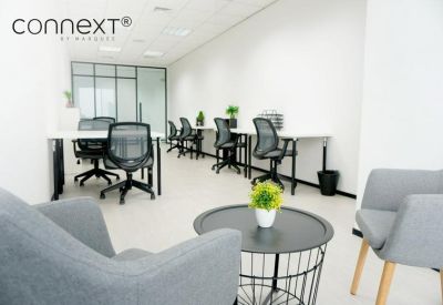 Contemporary office suite with ergonomic mesh chairs and a small lounge area.