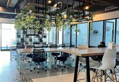 Modern coworking area with overhead greenery and patterned flooring.