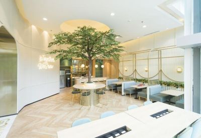 Bright communal lounge featuring a central indoor tree, light wood flooring, and cozy booth seating.