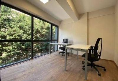 Bright two-person office suite with large windows overlooking lush green trees.