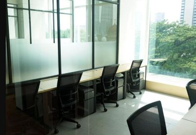 Bright office workspace with black ergonomic chairs and desks facing a large window with greenery views.
