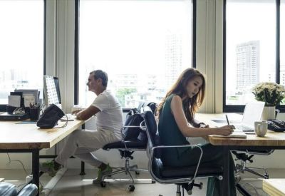 Sunlit workspace with professionals at desks facing large windows and city views.