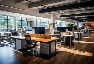 Bright open-plan office with wooden desks and large windows overlooking trees.