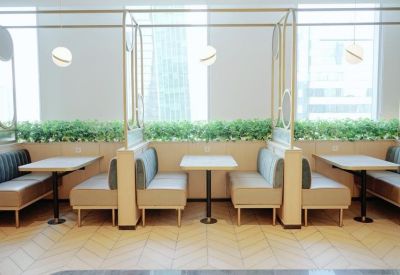 Private dining or meeting booths separated by glass partitions and hanging greenery.