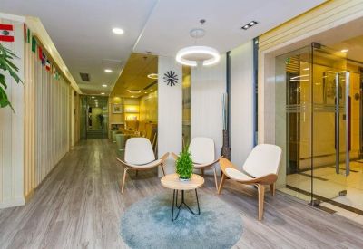 Reception area with white modern chairs, a small plant, and glass doors.