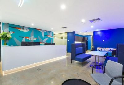 Modern reception area with vibrant bird-themed mural and blue accent wall.