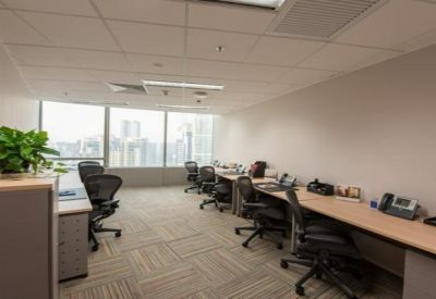 Spacious open-plan office with multiple desks, green plants, and floor-to-ceiling windows showing city views.