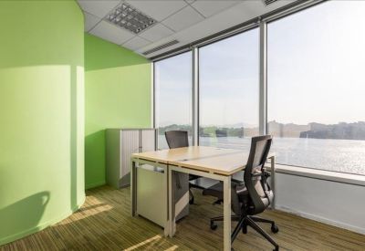Modern two-person private office with vibrant green wall and sea views.