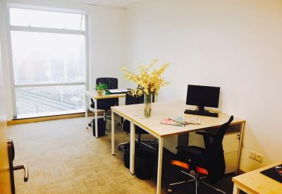 Private two-person office with a bright window and yellow flowers on the desk.