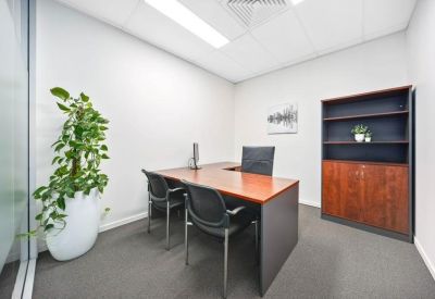 Private office featuring a wooden L-shaped desk and a tall green potted plant.