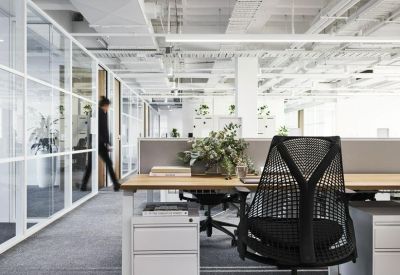 Bright workspace with white desks, ergonomic black chairs, and potted greenery.