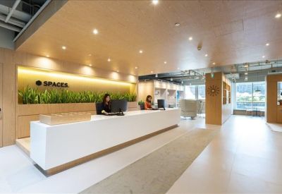 Contemporary reception area featuring a long white desk, warm wood ceilings, and indoor plants.