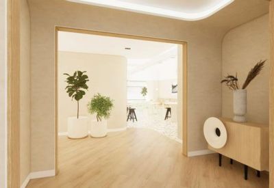 Light-filled entryway with light wood floors, potted plants, and minimalist decor.