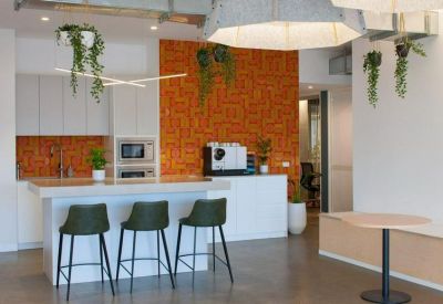 Modern kitchen and breakout area with a vibrant orange textured feature wall and hanging plants.