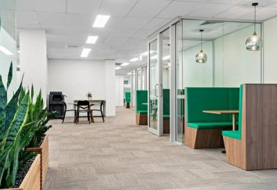 Sunlit hallway featuring private green-walled booths and glass-enclosed meeting rooms.
