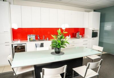 Modern communal kitchen with a bright red backsplash and dining table with plants.