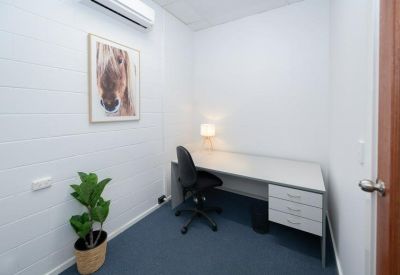 Private office suite with a horse portrait, white desk, and potted plant.