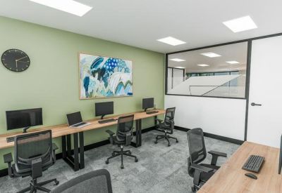 Bright workspace featuring a sage green accent wall and long wooden desks with ergonomic chairs.