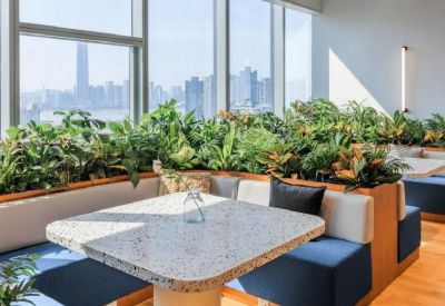 Booth seating area surrounded by lush indoor plants and large windows with skyline views.