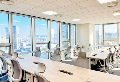 Bright open-plan office with rows of white desks and ergonomic grey chairs by floor-to-ceiling windows.