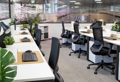 Open-plan workspace featuring rows of white desks with ergonomic black chairs and indoor plants.