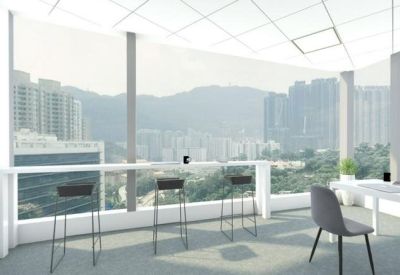 Window-side breakfast bar with high stools overlooking the Sha Tin cityscape.