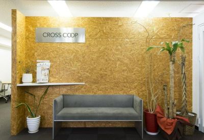 Reception area featuring a wood-textured feature wall, grey sofa, and green potted plants.