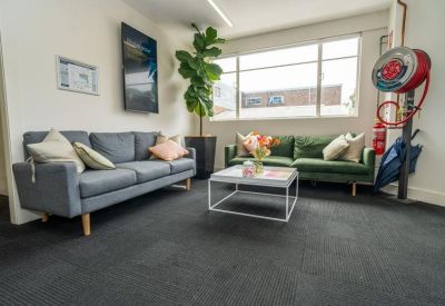 Lounge area with blue and green sofas, a white coffee table, and a large indoor plant.