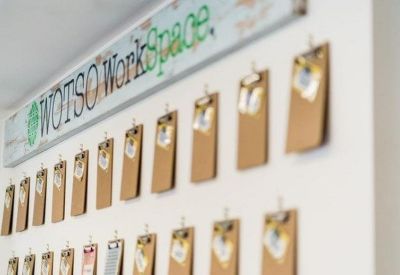 Wall display featuring a row of clipboards under a WOTSO WorkSpace sign.